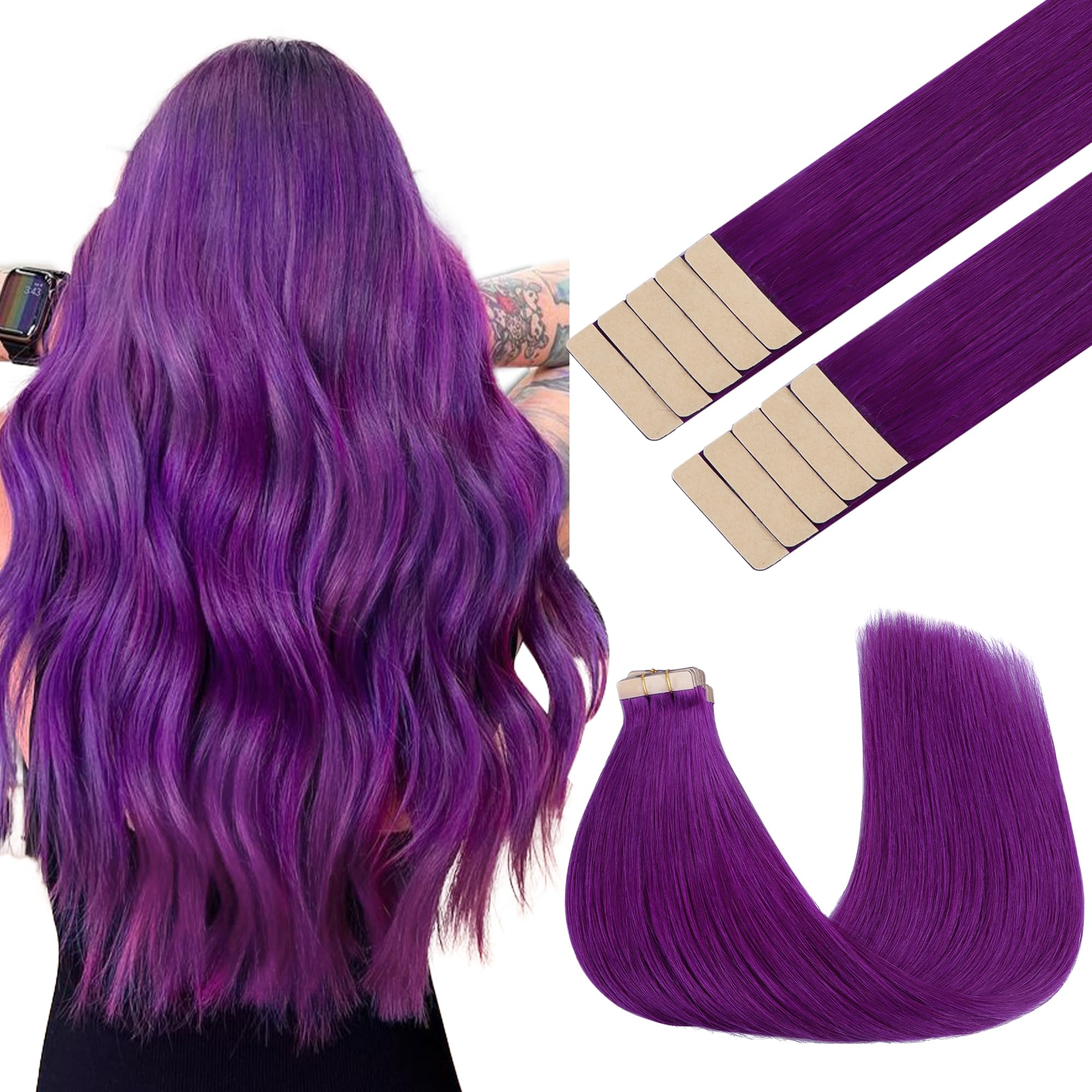 GOO GOO Tape in Hair Extensions Human Hair, Purple 10pcs 30g 22inch, Colored Tape ins Human Hair Extensions, Silky&Soft Invisible Tape Ins, Straight Remy Hair Highlighted for Party — image 1