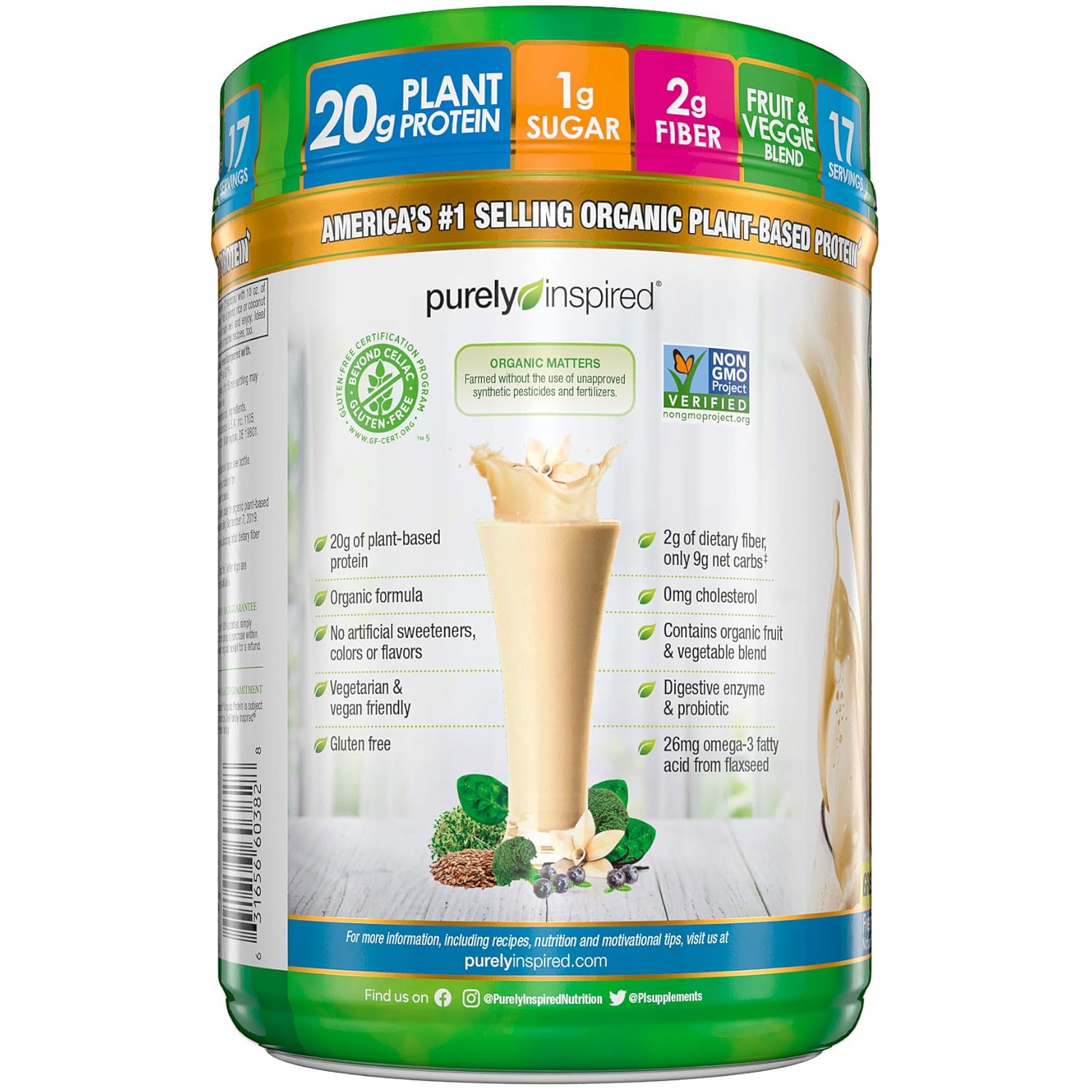 Vegan Protein Powder | Purely Inspired Organic Protein Powder | Plant Based Protein Powder for Women & Men | Brown Rice & Pea Protein | Vegan Friendly Protein Shakes | Vanilla, 1.5 lbs (17 Servings): Health & Personal Care