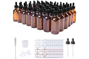 Comrzor 48 Pack 2oz Amber Glass Bottles with Glass Eye Droppers for Essential Oils, Perfumes & Lab Chemicals (Brush, Funnels, 2 Extra Droppers, 54 Pieces Labels & 30ml Measuring Cup Included)