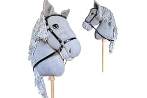 Playful Minds Large Hobby Horse for Kids and Adults – Show Quality with Rhinestone Studded Bridle, Removable Reins, and Long Mane – Plush Handmade Tournament Stick Horse, Grey