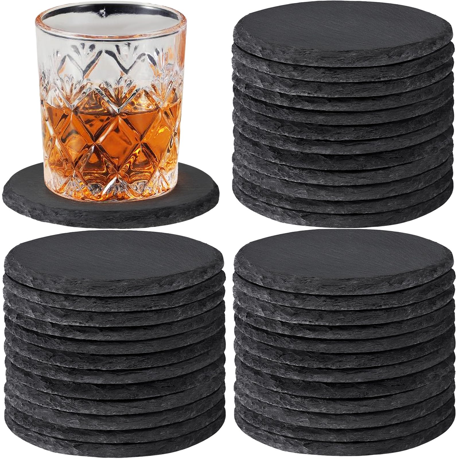 36 PCS Slate Coasters, WEWINK PLUS 4 Inch Round Blank Black Stone Coasters Bulk Rustic Rock Coaster for Drinks with Anti-Scratch Backing for Laser Engraving, Home Decor, Bar, Gifts