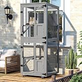 4 Tiers Catio Outdoor Cat Enclosure, Indoor Cat House with 4 Wheels, Grey | Cat Enclosure Window Access with Removable Floor, Upgraded Resting Box, Waterproof Roof, Wooden Indoor Outdoor Cats Cage