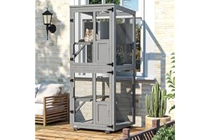 TRYKERPET 4 Tiers Catio Outdoor Cat Enclosure, Indoor Cat House with 4 Wheels, Cat Enclosure Window Access with Removable Floor, Upgraded Resting Box, Waterproof Roof, Wooden Indoor Pet Cage, Grey