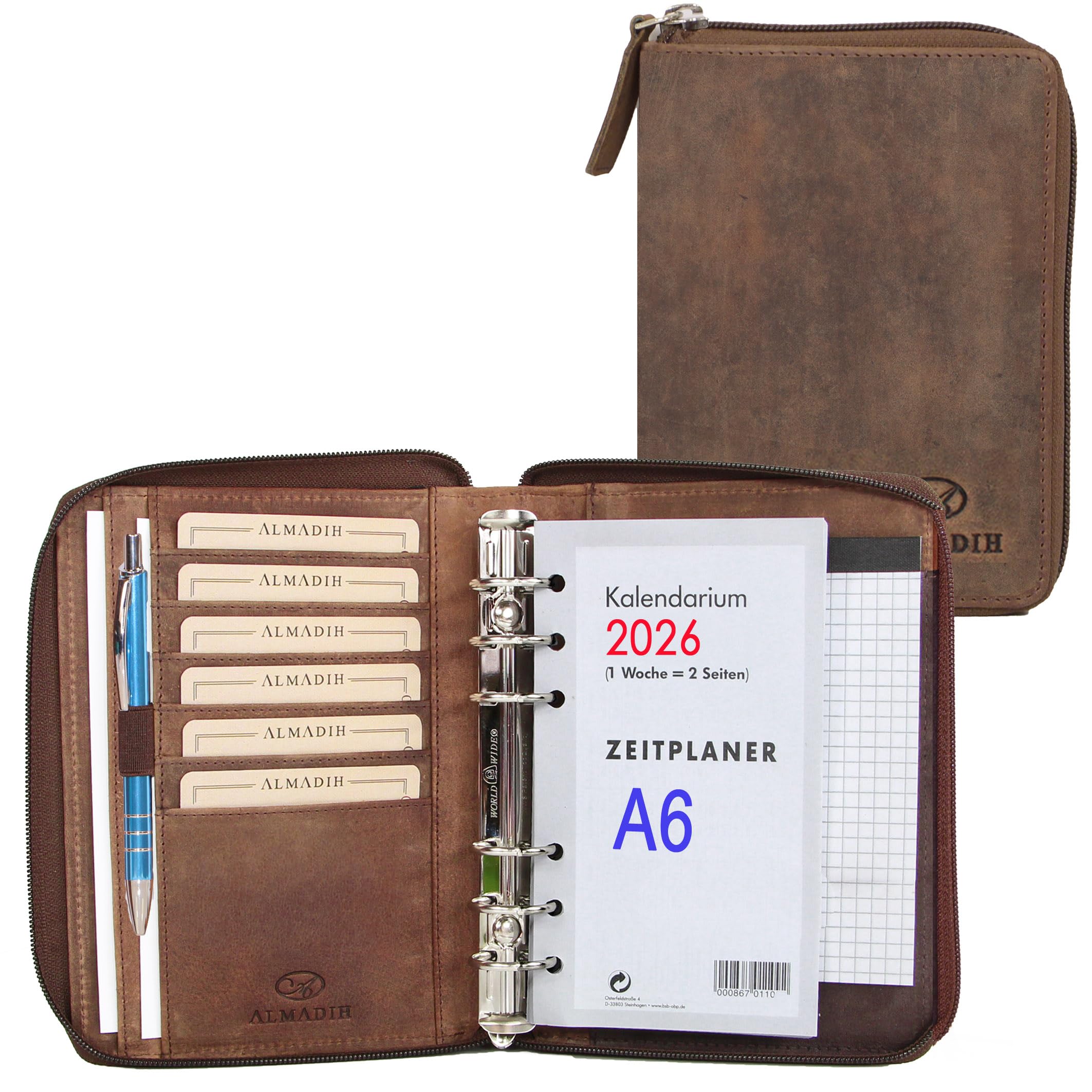 ALMADIH Leather A6 Organizer with Rings, Zipper, Calendar 2025 + A6 Writing Pad made from Premium Cow Leather brown vintage with Gift Box - Personal Planner Conference Folder System Ring Binder