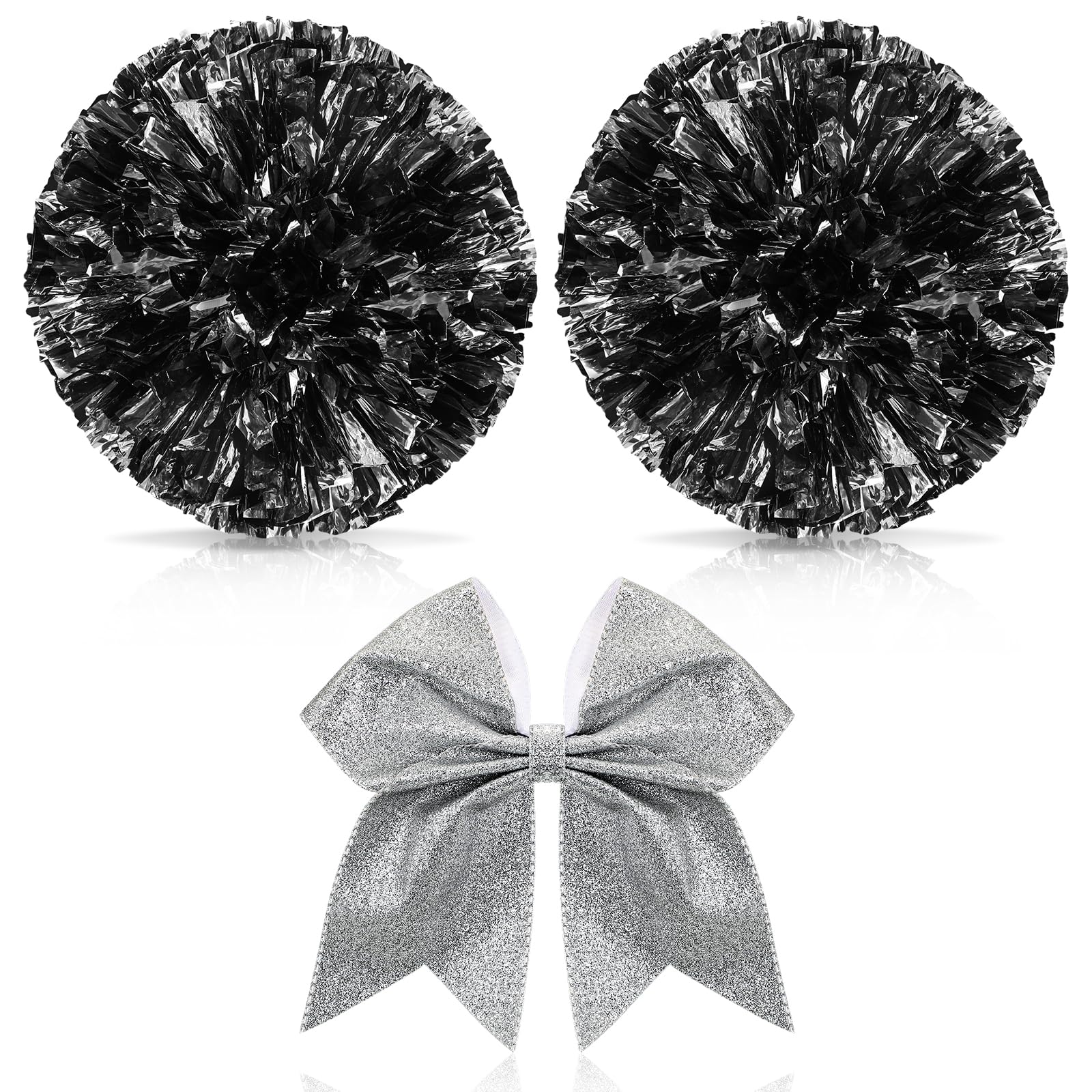 Photo 1 of Hanaive 3 Pcs Cheerleading Pom Poms and Large Cheerleader Hair Bow Metallic Cheer Supplies for Team Spirit Sports Dance Cheering(Black Mixed Silver,Glitter)