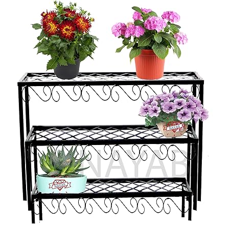 NAYAB Set of 3 Nesting Plant Stands with Decorative Scrollwork - Indoor/Outdoor Step Style Garden Flower Pot Holder Pot Rack Shelf