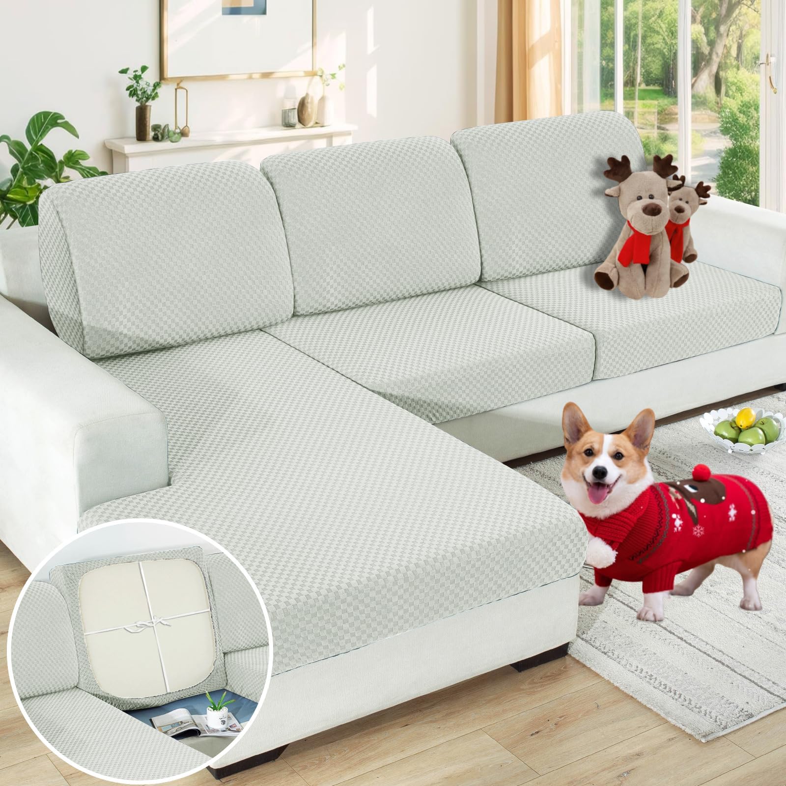 Photo 1 of ?Clearance? Sectional Couch Covers for L Shaped Chaise Lounge 1 Piece Separate Cushion Couch Universal Replacement Large Checkered Furniture Protector with Elastic Bottom (Chaise Cover, Ivory)