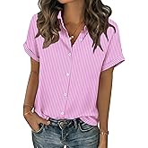 Zeagoo Button Down Shirts for Women Pink and White Striped Tops Short Sleeve Summer Blouses Work Clothing