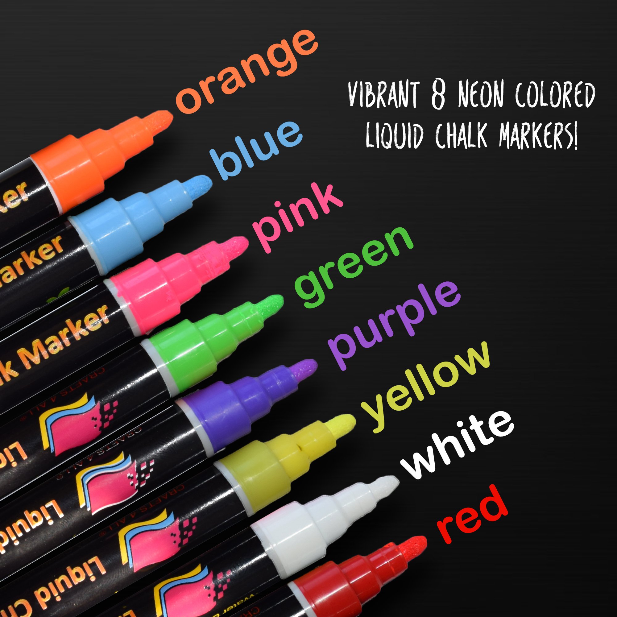 Liquid Chalk markers pens with erasable ink and 3MM reversible tips 8 pack neon colors 32 free chalkboard labels by Crafts 4 ALL