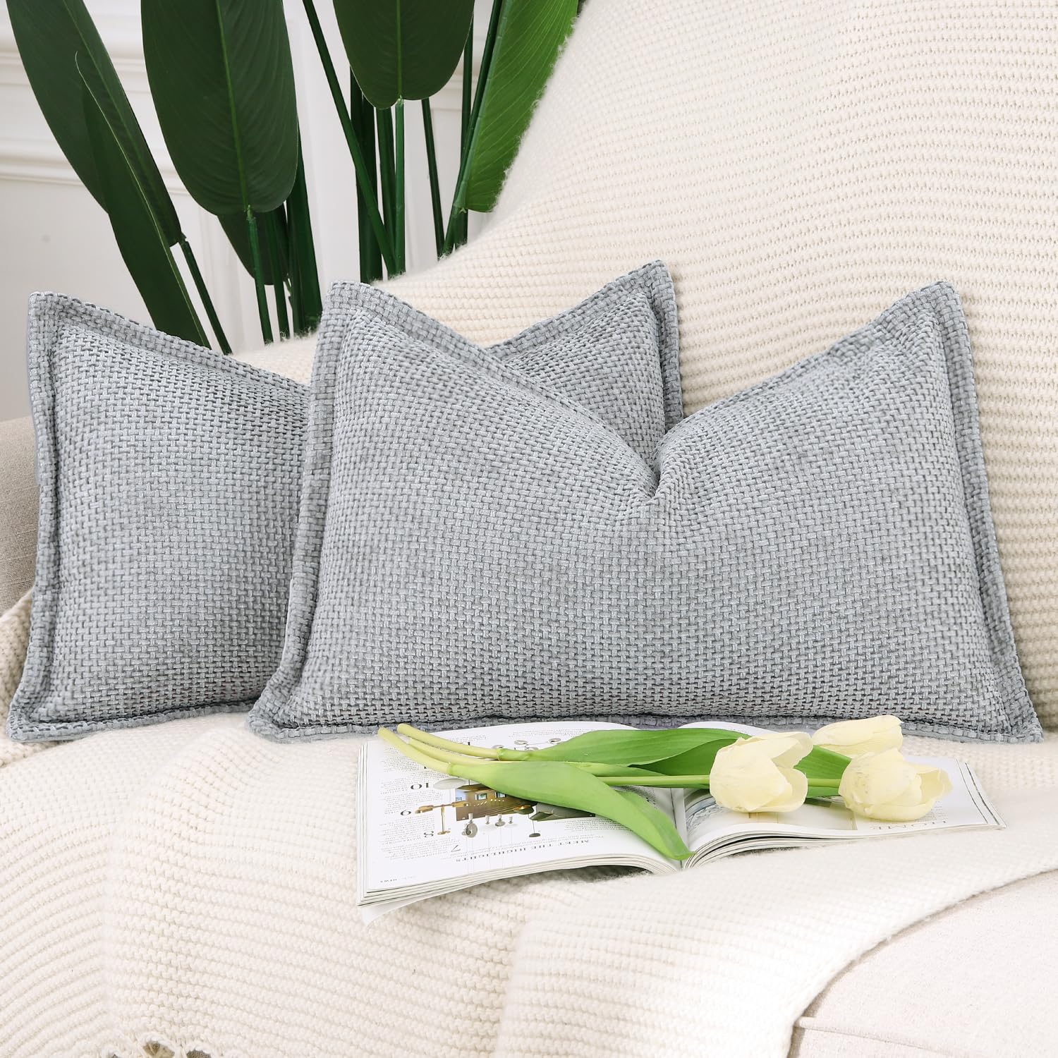 Madizz Set of 2 Chenille Velvet Cushion Covers with Flange Soft Boho Textured Throw Pillow Covers Broadside Pillowcases Modern Farmhouse Home Decor for Sofa Bedroom Grey 12x20 inch, 30x50 cm