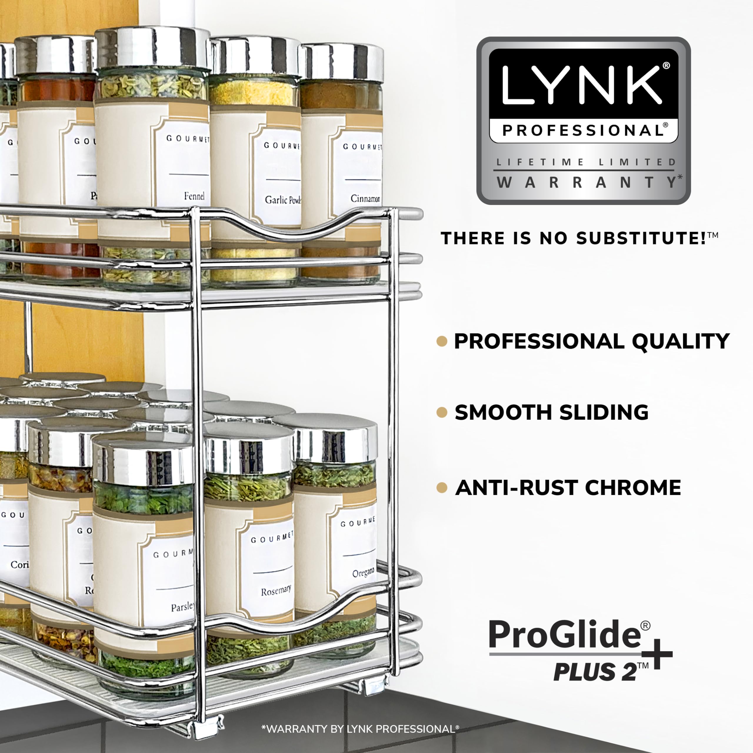 LYNK PROFESSIONAL® Pull Out Spice Rack Organizer for Inside Kitchen Cabinets - 6-3/8 inch Wide - Slide Out Drawer – Chrome Sliding Spice Cabinet Organization Shelf Racks - 2 Tier