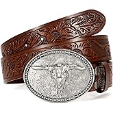 VONMELLI Western Belt for Men Women, Embossed Leather with Bull Buckle