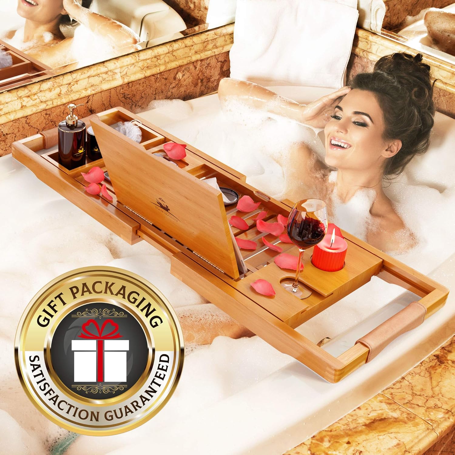 YM Lux Craft Bamboo Bathtub Caddy Tray [Durable, Non-Slip], 1-2 Adults Expandable Bathtub Tray, Beautiful Gift Box, Fits Any Tub Bath - Holds Book, Wine, Phone, Ipad, Laptop: Kitchen & Dining