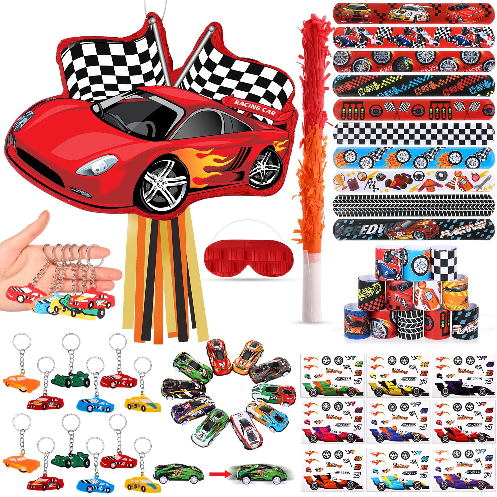 Photo 1 of Pasimy Cars Piñata Race Car Party Favors Set with Black Red Birthday Piñata Stick Blindfold Slap Bracelet Keychain Sticker Racecar Party Gifts Birthday Decorations Goodie Bag Stuffer Supplies