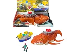 Fisher-Price Imaginext Jurassic World Rebirth Aquachomp Chase Mosasaurus 18-inch Dinosaur Toy with 3-inch Action Figure, Launcher Boat & 2 Projectiles
