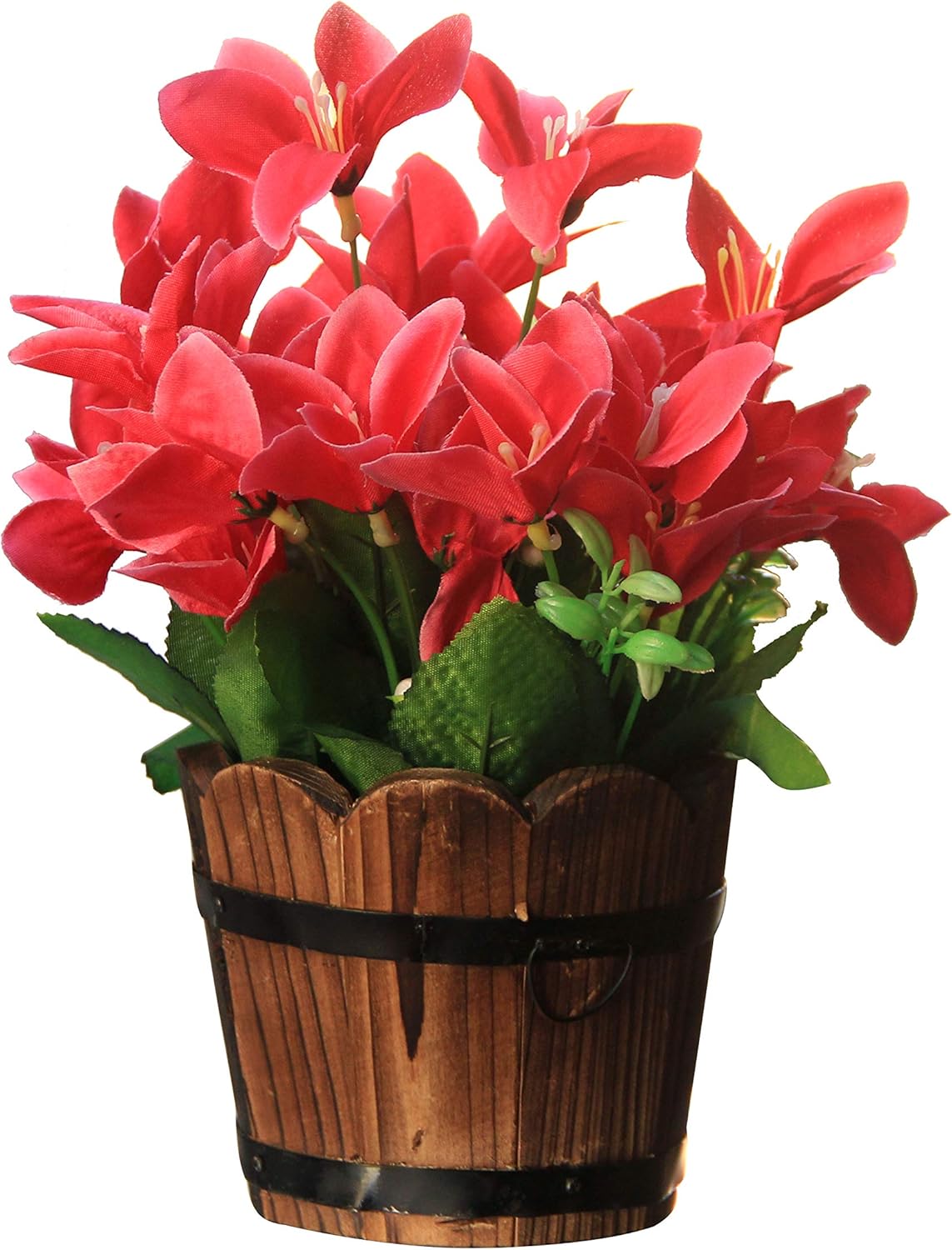 Amazon Com Xuanmax Artificial Flowers In Wooden Barrel Fake Silk Lily Flowers Artificial Plants In Pots Real Touch Potted Bonsai Greenery For Window Balcony Home Office Desk Wedding Decoration Rose Home