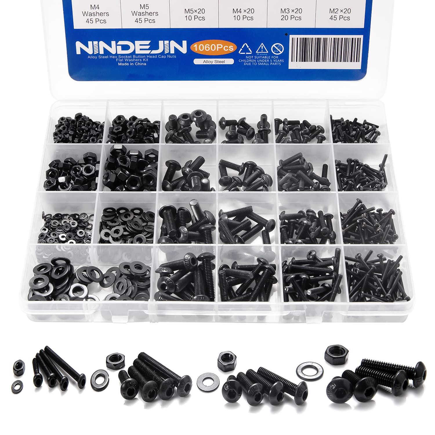 NINDEJIN 1060pcs 12.9 Grade Carbon Steel M2 M3 M4 M5 Metric Hex Socket Head Cap Bolts Screws Nuts Washers Assortment Kit with Hex Wrenches (Round Head Cap) — image 1