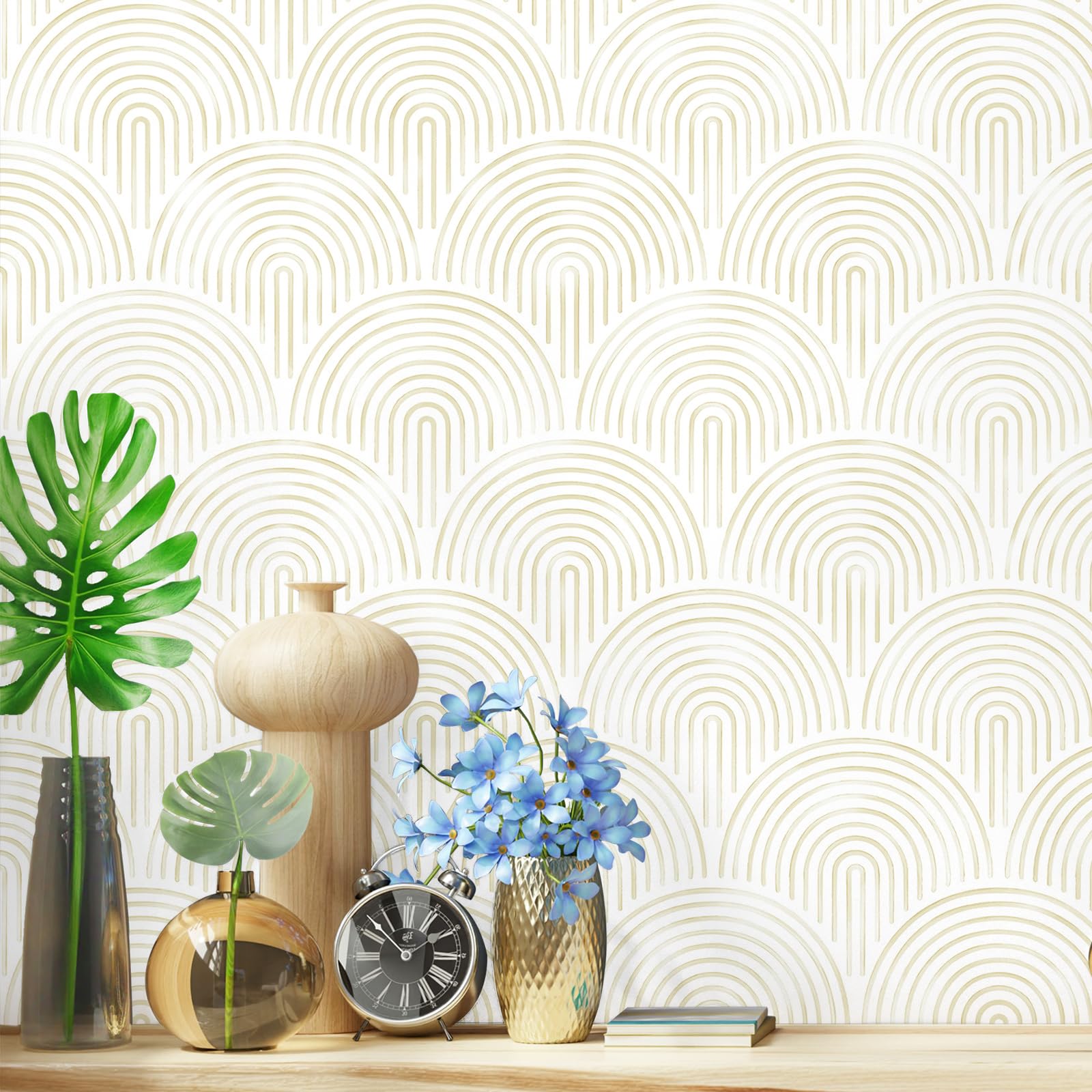 Photo 1 of Aniboo Modern Peel and Stick Wallpaper Boho Contact Paper Neutral Self Adhesive Removable Wallpaper for Bathroom Kitchen Bedroom Beige Geometric Decorative Contact Paper Abstract Vinyl 78.7inL 17.3inW
