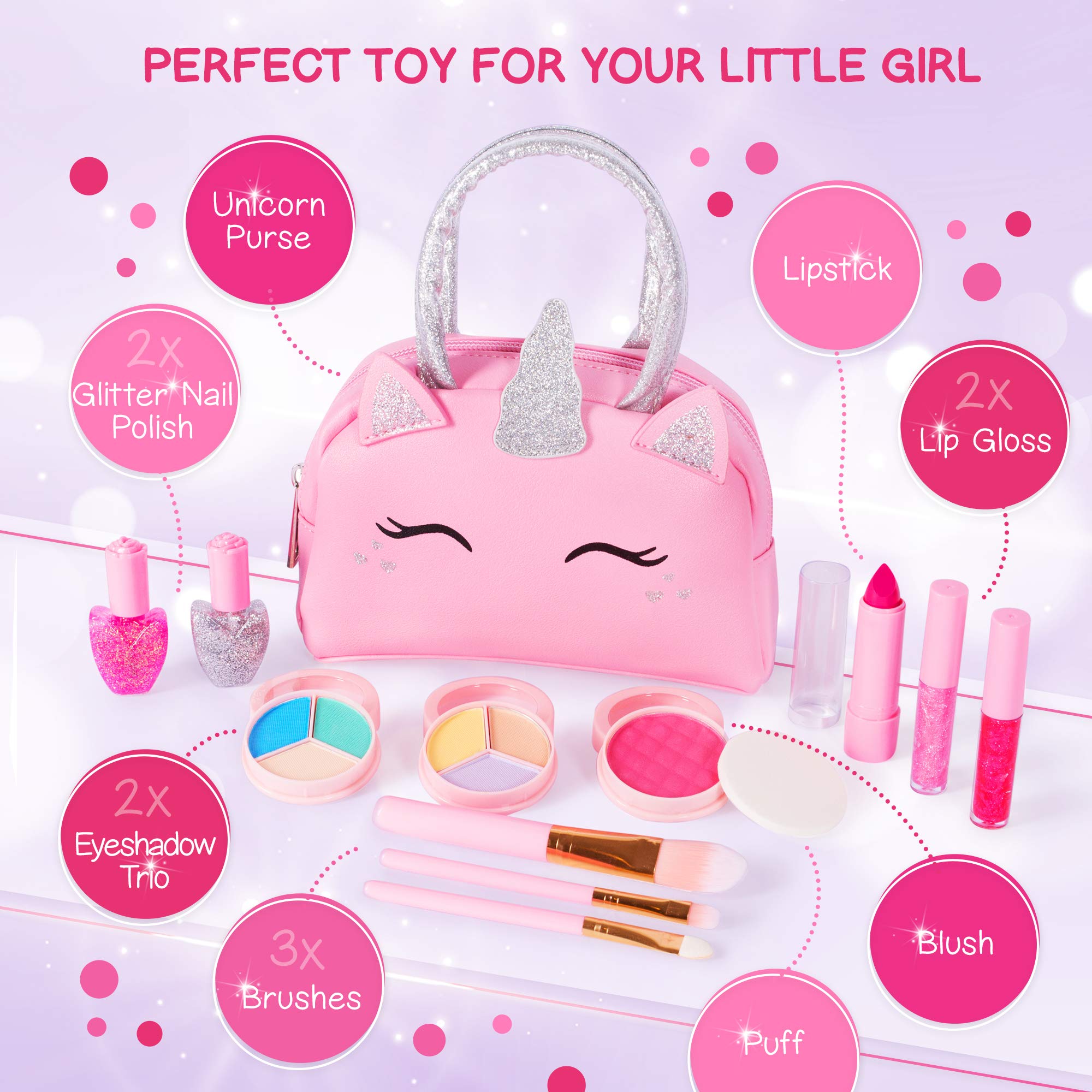 Kids Real Makeup Kit with Pink Unicorn Purse, Non Toxic Washable Make Up Set - Unicorn Toys for Girls Age 4-6, Gifts for 5 Year Old Girls Birthday Gift Ages 3 4 5 6 7 8 9 10 Years - Toys for Ages 5-7
