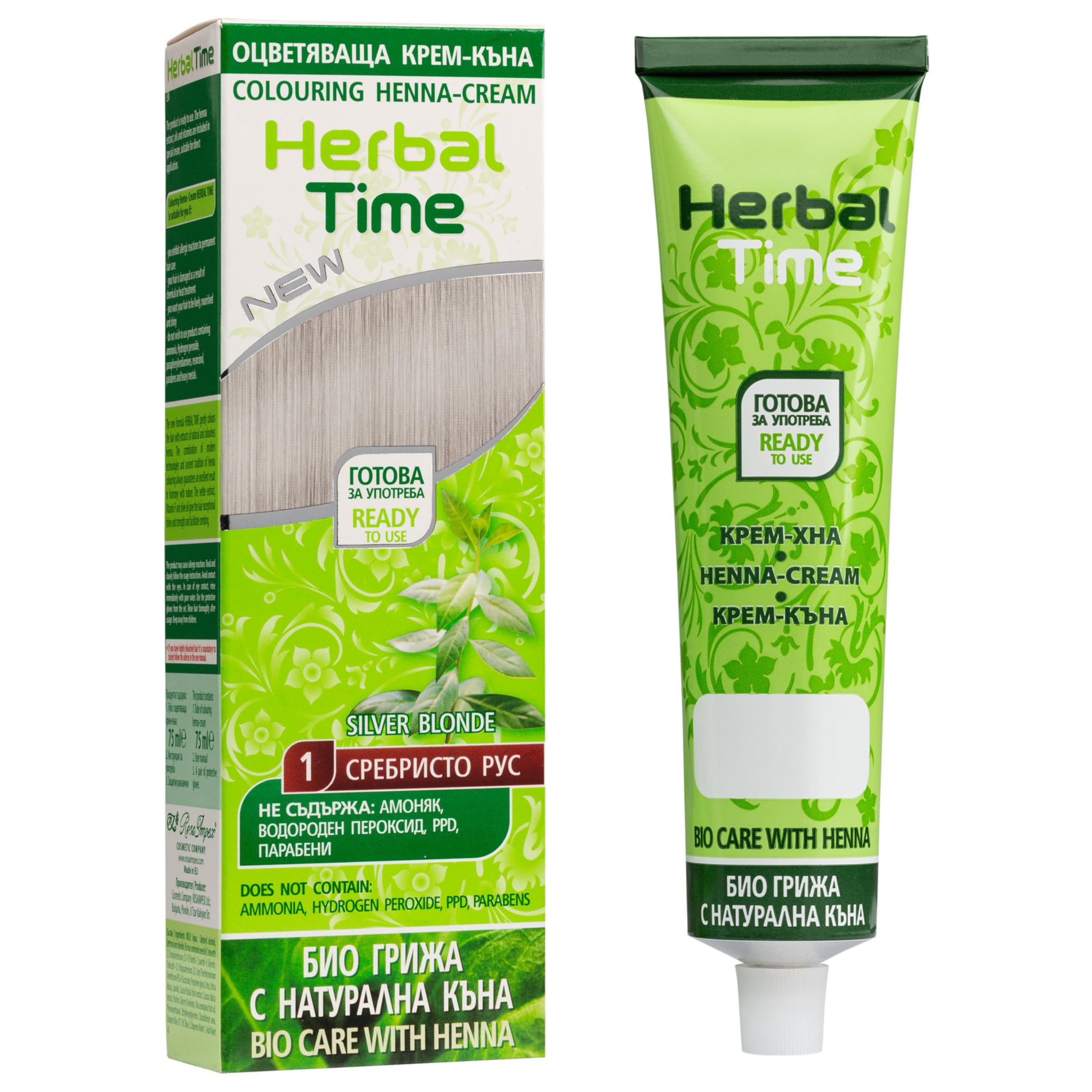 Herbal Time Henna Natural Color Silver Blonde Nº 1 | Henna Coloring Cream with Nettle Extract | Gray Hair Cover | Temporary Color Dye | Ammonia Free, Sulfates Free, Parabens Free | 75 ml