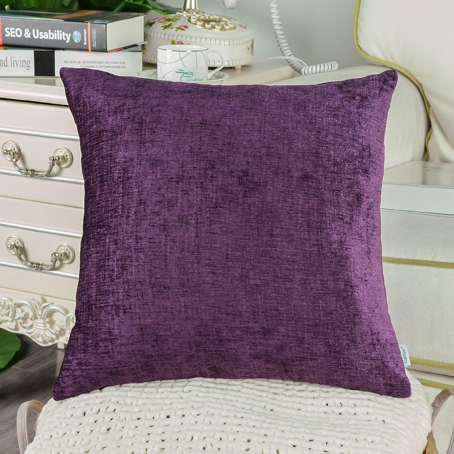 CaliTime Pack of 2 Cozy Throw Pillow Covers Cases for Couch Sofa Home Decoration Solid Dyed Soft Chenille 40cm X 40cm Plum Purple - Image 4