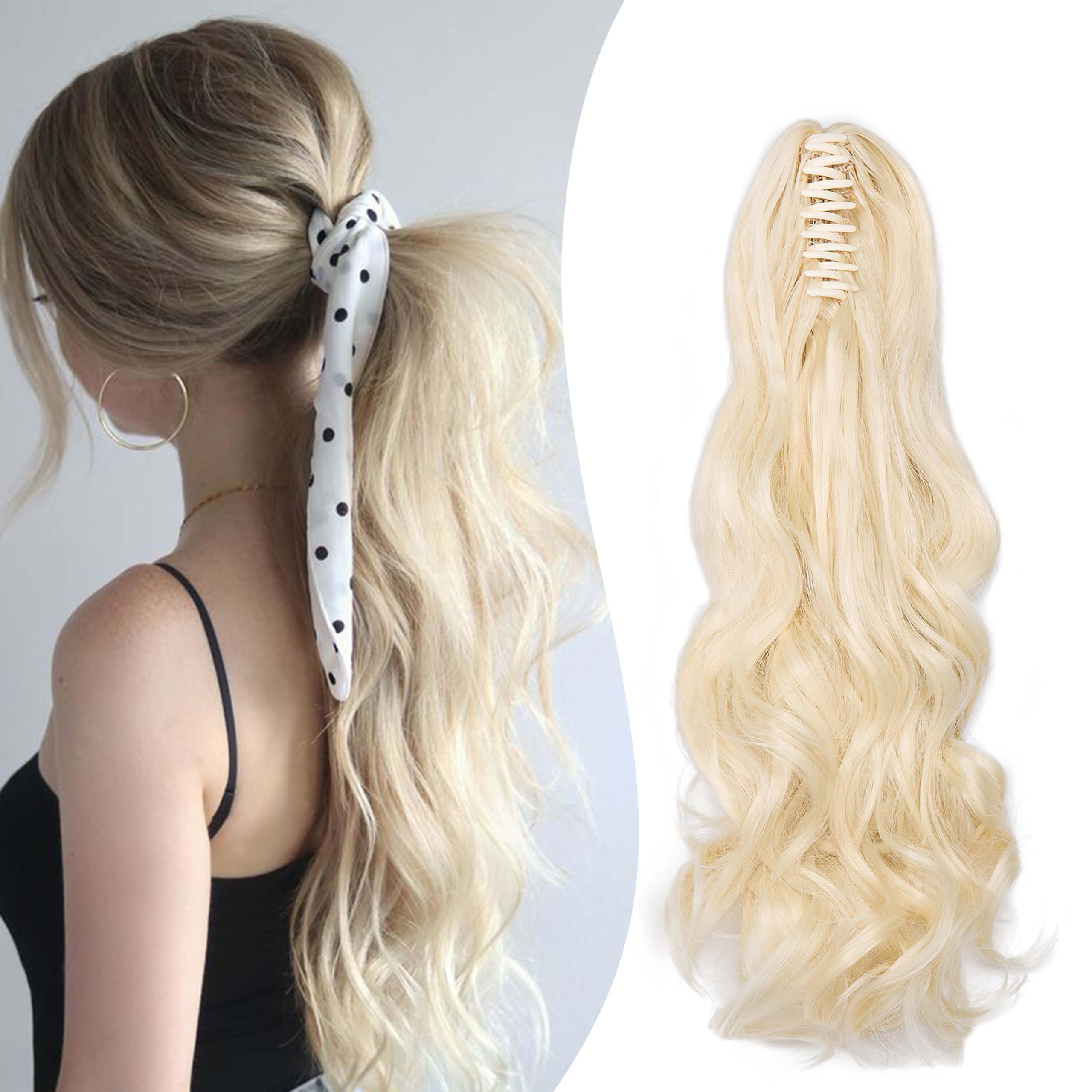 Gairyan 20inch Ponytail Extension Clip in Ponytail Hair Extensions Curly Wavy Pony Tails Claw on Ponytail Long Wave Synthetic Hairpieces for Women Soft Real Look (Bleach Blonde)
