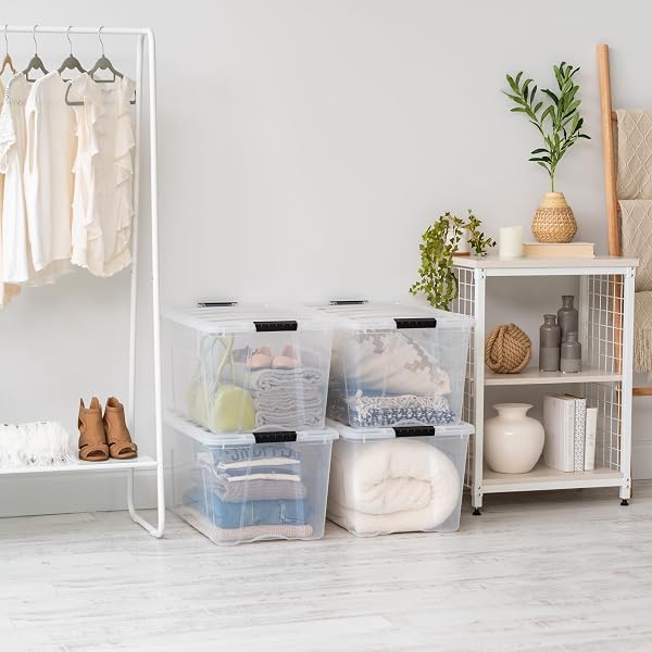 IRIS USA 72 QT PLASTIC STORAGE BOX WITH LID AND LATCHES – 4 PACK – BPA-FREE, SEE-THROUGH ORGANIZING SOLUTION, DURABLE NESTABLE STACKABLE CONTAINERS, SECURE PULL HANDLE – CLEAR