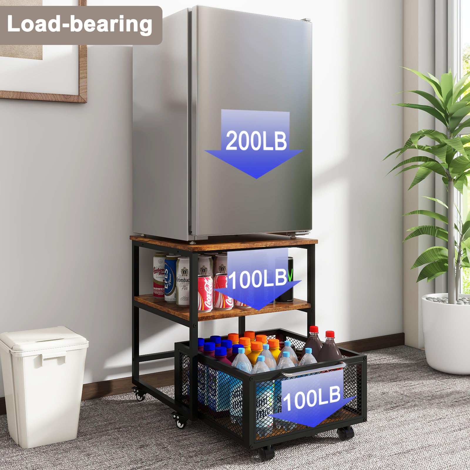 PUNCIA 19.7x19.7in Mini Fridge Stand with Storage and Wheels Heavy Duty Mini Fridge with Adjustable Shelf Table Beverage Refrigerator Stand for Coffee Bar Fridge Cart for Office Home Dorm Apartment