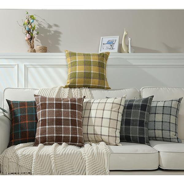 STELLHOME PACK OF 2 LINEN BUFFALO CHECK THROW PILLOW COVERS, FARMHOUSE PLAID DECORATIVE CUSHION COVERS FOR COUCH SOFA LIVING ROOM, 24X24 INCH, DARK GREY
