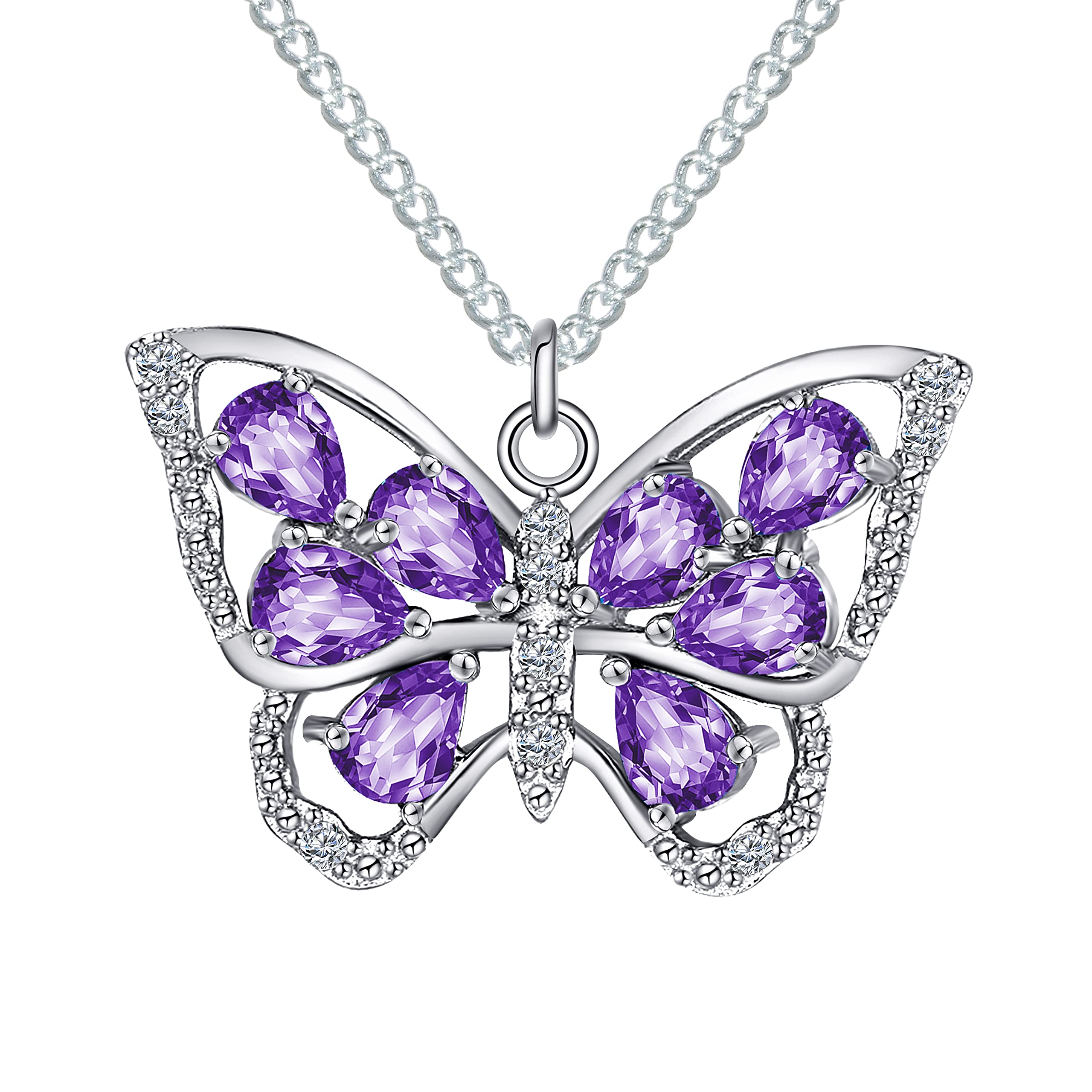 White Gold s925 Sterling Silver Cubic Zirconia Cz Monarch Amethyst Purple Butterfly Pendant Necklace Jewelry For Women Teen Girls Mom Grandma