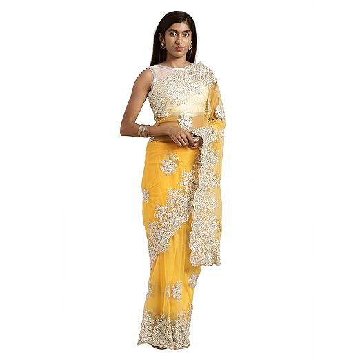 Womanista Womens net with Blouse Piece 7510 Sarees (FS9912_Yellow_OneSize)