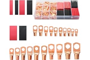 IBosins 150Pcs Copper Battery Terminal Connectors, AWG 2 4 6 8 10 12 Cable Ends Wire Lugs Assortment Kit, 70pcs Ring Teminal with 80pcs Heat Shrink Tubing