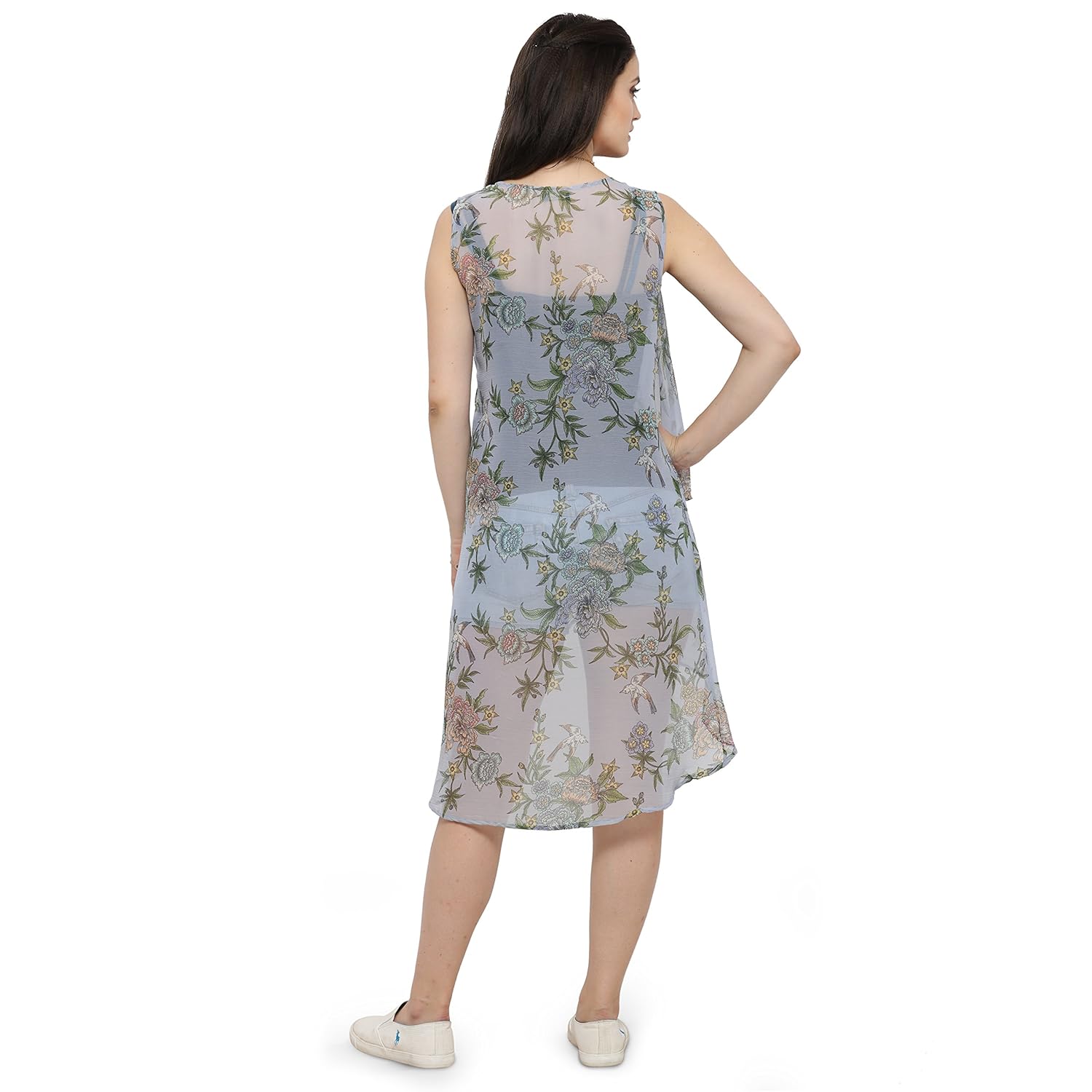 serein women's sky blue floral chiffon long shrug/long jacket (e-12)