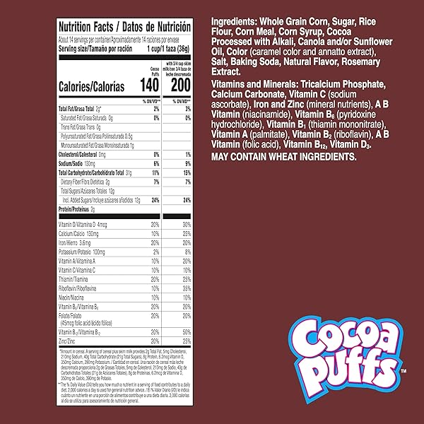 COCOA PUFFS, CHOCOLATEY BREAKFAST CEREAL, MADE WITH WHOLE GRAIN, FAMILY SIZE, 18.1 OZ