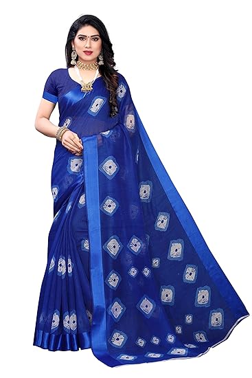 Womens Blue Linen Cotton Printed Saree With Blouse Piece (RIVI BLUE_Free Size)