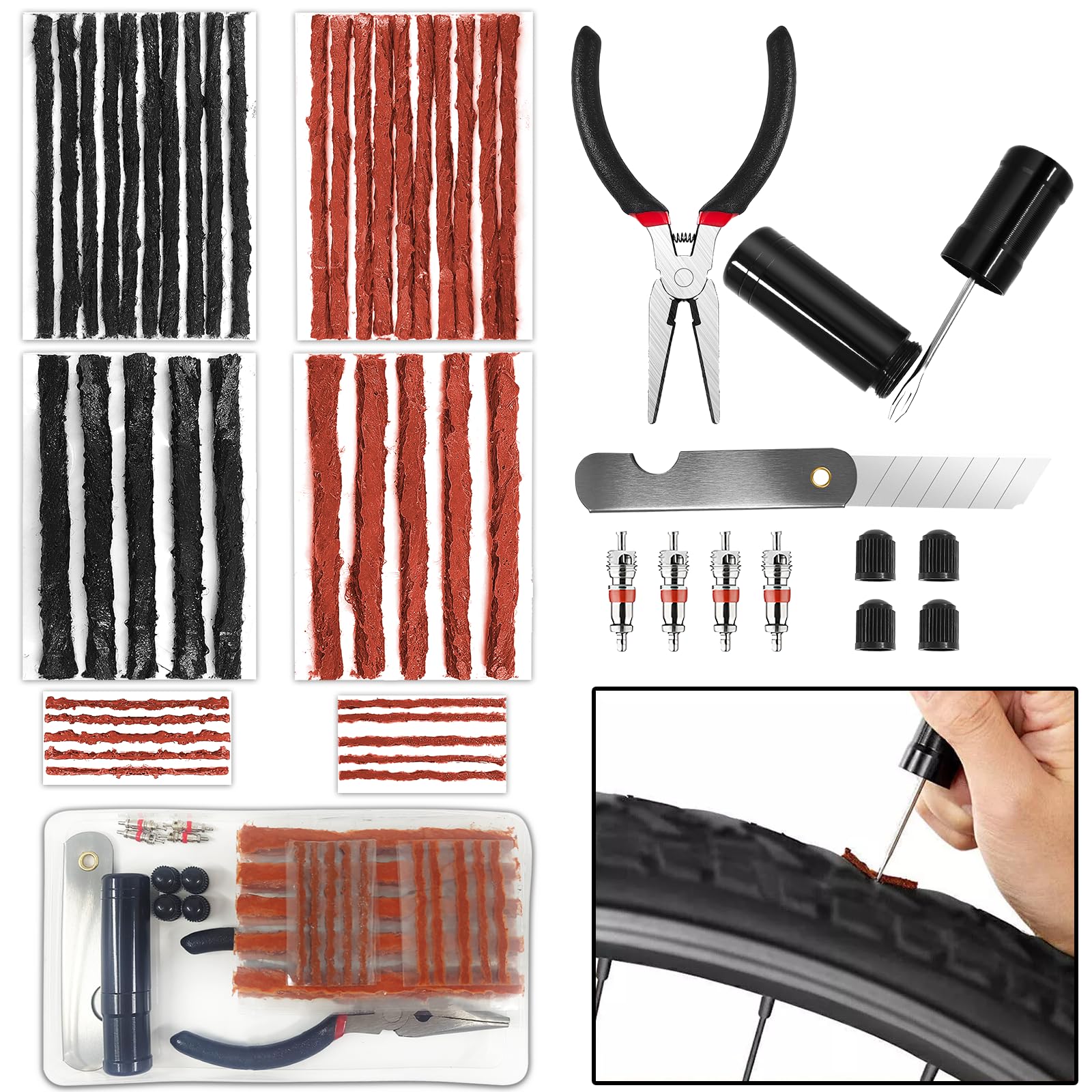 Ysimple 51 Pcs Tubeless Bike Tyre Repair Tool Kit,Bike Tire Punctures with Bacon Strips Plus Insertion Tool Tire Repair Fork Reamer, Motorbike Puncture Repair Kit for MTB and Road Mountain Bicycle