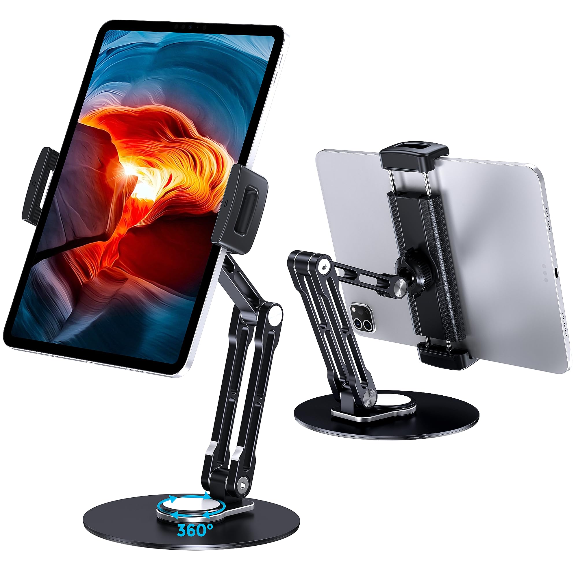 Photo 1 of Lucrave Tablet Stand Holder for iPad, Adjustable with 360 Rotating Base for Desk, Aluminum Swivel Tablet Stand Compatible with iPad Air, Mini, 10.2,9.7, Pro 11/13 and More, Black