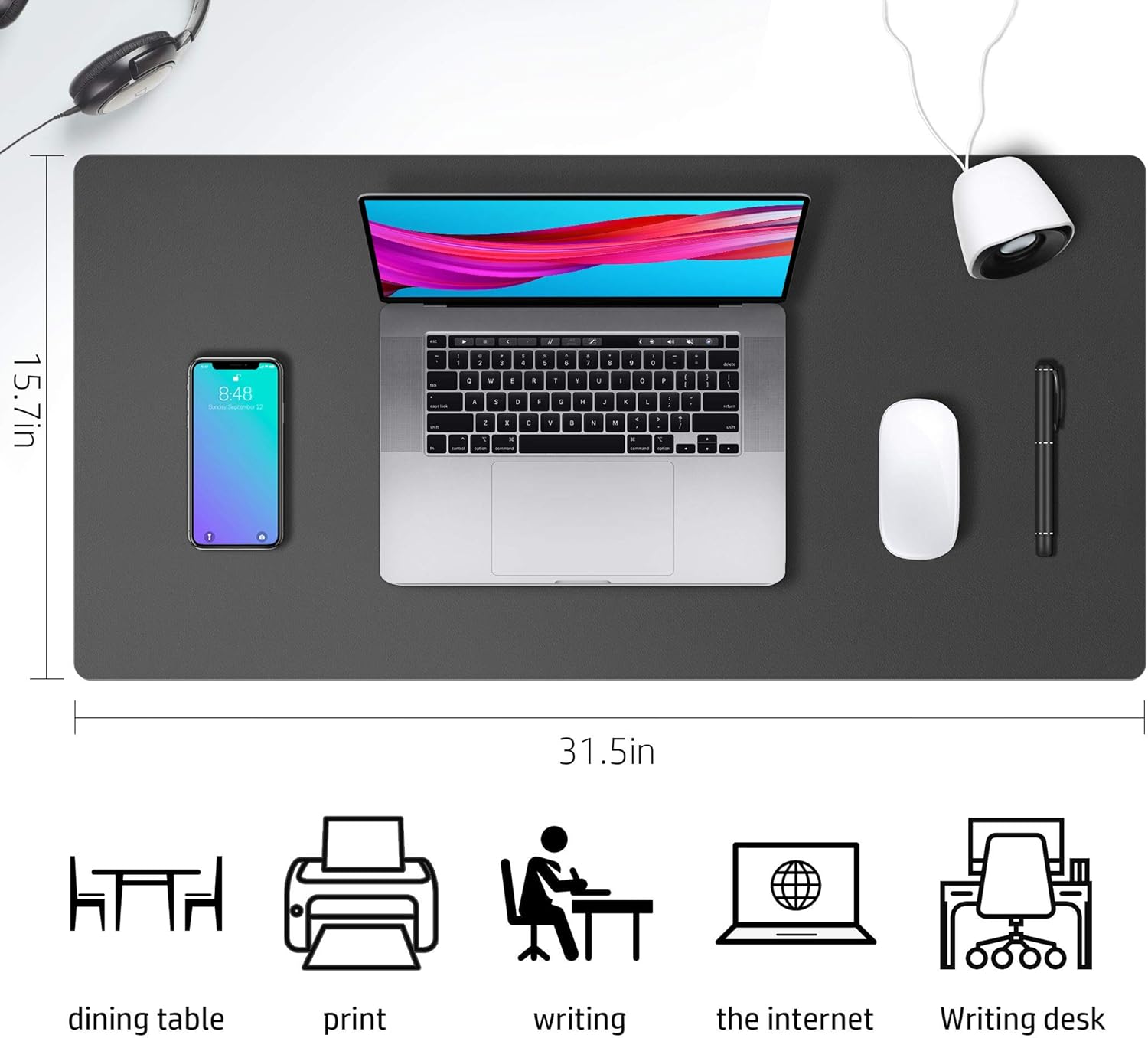 Leather Desk Pad Protector, Mouse Pad, Office Desk Mat, Non-Slip PU Leather Desk Blotter, Laptop Desk Pad, Waterproof Desk Writing Pad for Office and Home (Gray, 31.5" x 15.7") : Office Products