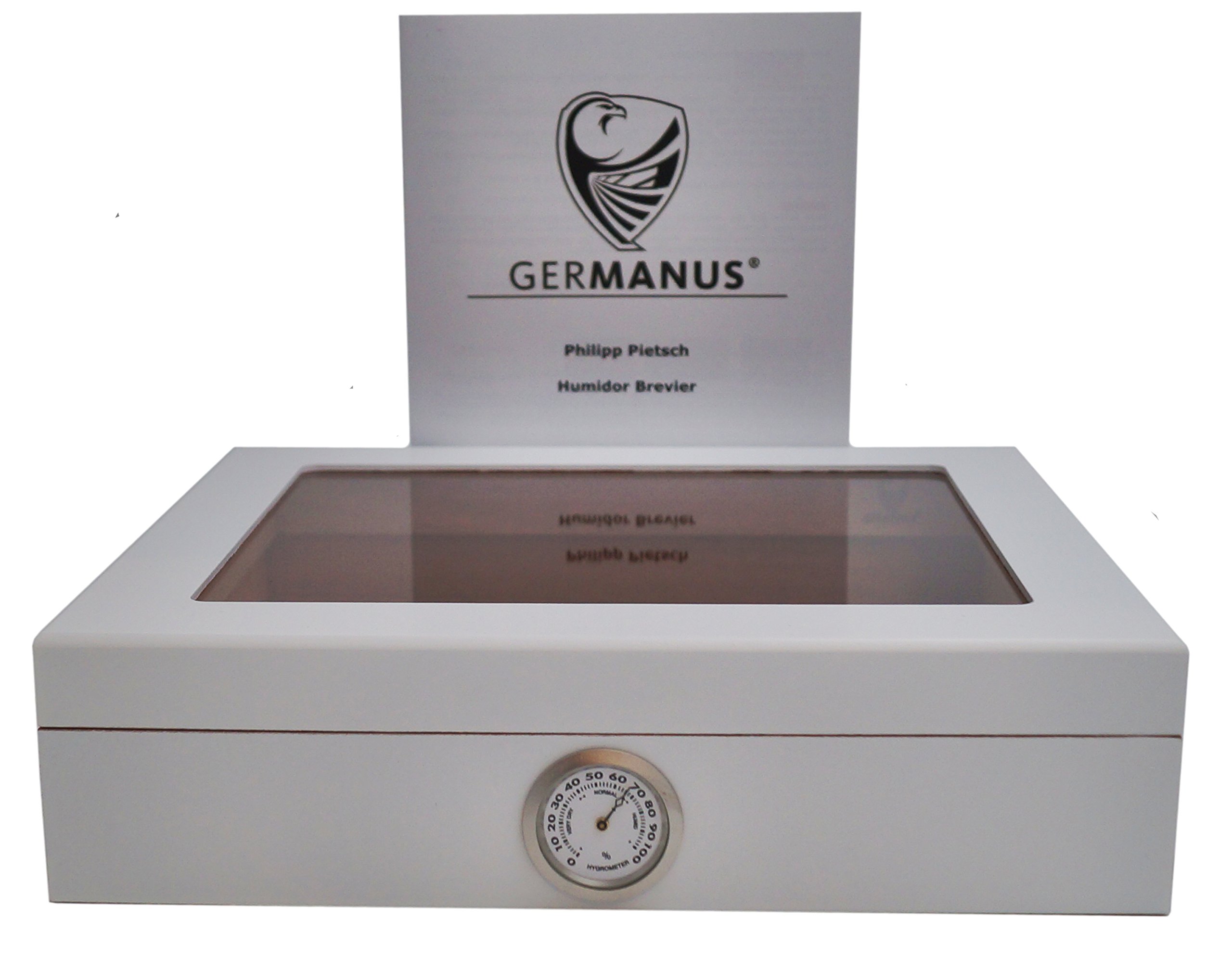 GERMANUS Cigar Humidor for approx. 30 Cigars, White, with Hygrometer and Humidifier and GERMANUS Manual