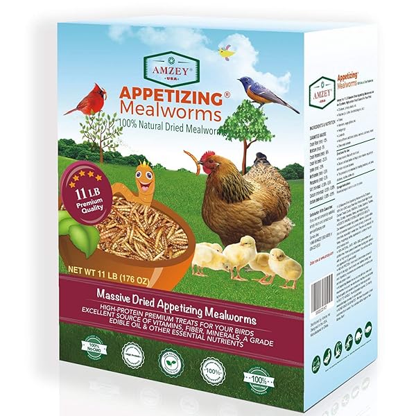 AMZEY DRIED MEALWORMS 11 LBS – 100% NATURAL FOR CHICKEN FEED, BIRD FOOD, FISH FOOD, TURTLE FOOD, DUCK FOOD, REPTILE FOOD, NON-GMO, NO PRESERVATIVES, HIGH PROTEIN AND NUTRITION
