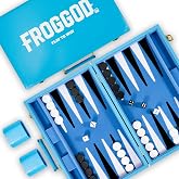 Froggod Light Blue 15 Inch Backgammon Sets for Adults, Classic Board Game | PU Leather Case with Seamless Flocked Game Surface, 32 pieces, dice and doubling cube for adults and gifts for men
