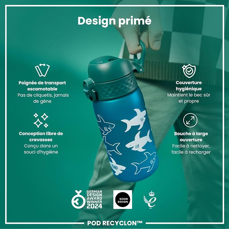 Gourde Enfant, 350 ml, Anti-Fuite, Facile à Ouvrir, Verrouillage Sécurisé, Lavable en Lave-Vaisselle, Sans BPA, Poignée de Transport, Facile à Nettoyer, Requin