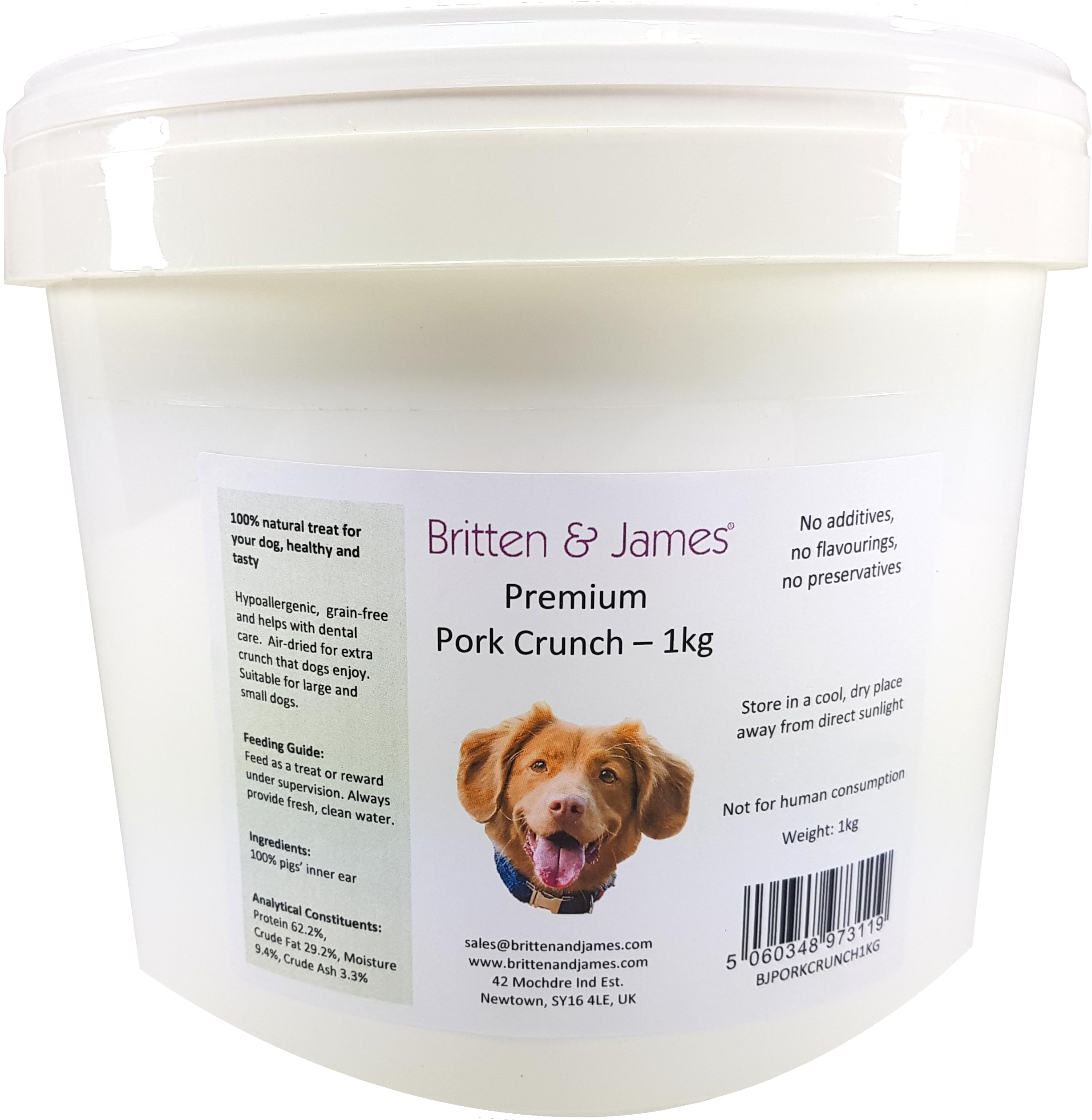 Britten & James Pig Inner Ears Pork Crunch for Dogs in a Stay Fresh 3L Tub. 100% Natural Dog Treat and Healthy Snack