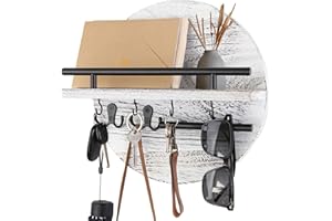 Gurfuy Key Holder for Wall with Shelf - Wood Mail Organizer and Rack with Shelf Hooks Wall Mounted for Entryway Decor Magazines Letter Storage Farmhouse Living Room Bedroom Doorway (White)