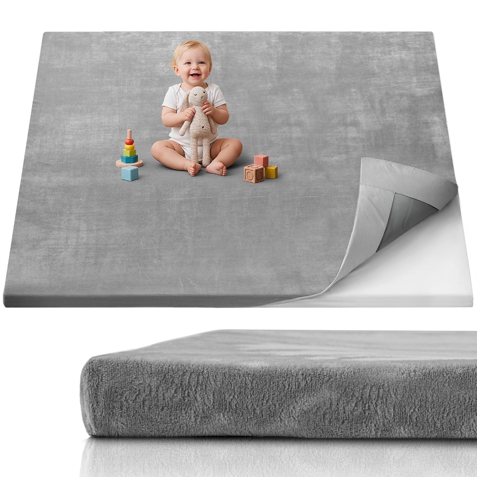 Photo 1 of Blissful Diary 1.3" Thick Baby Play Mat, 71x59 Playpen Mat with Removable & Washable Cover, Extra Large Crawling Rug for Floor, Foam Cushion & Non-Slip Backing for Kid, Toddler and Infants, Light Grey