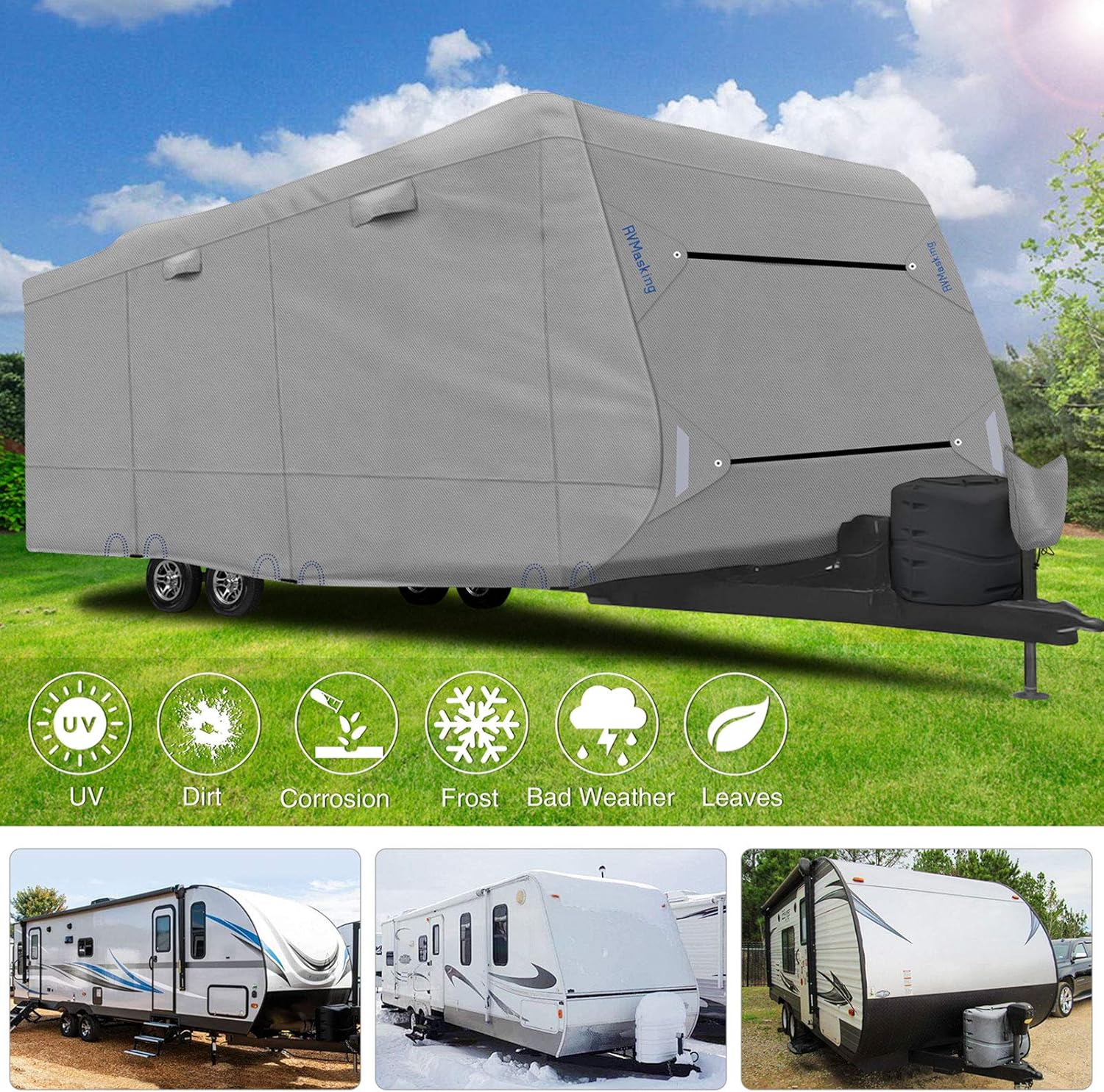 RVMasking Upgraded 6 Layers Top Travel Trailer RV Cover Waterproof Camper Cover for 26'1" - 28'6" RV - Prevent Top Tearing Caused by Sun Exposure with 4 Tire Covers 2 Straps, Tongue Jack Cover: Automotive