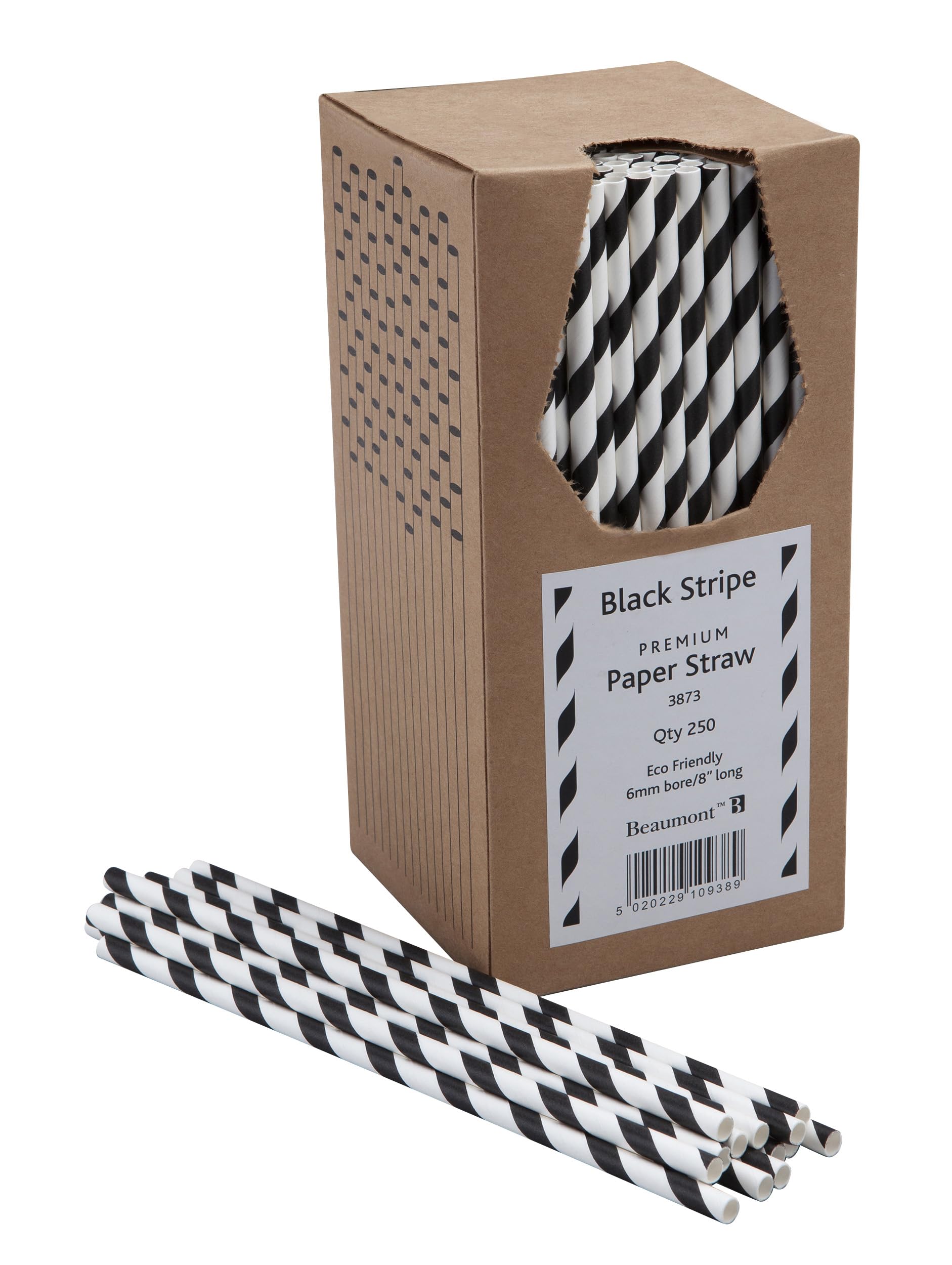 8 Inch 6mm Bore Paper Straw - Black & White Striped Pk 250
