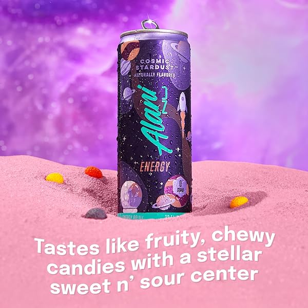 ALANI NU COSMIC STARDUST SUGAR FREE, LOW CALORIE ENERGY DRINKS | 200MG CAFFEINE | BIOTIN B VITAMINS | ZERO SUGAR | 10 CALORIES | 12 FL OZ CANS | 12 PACK