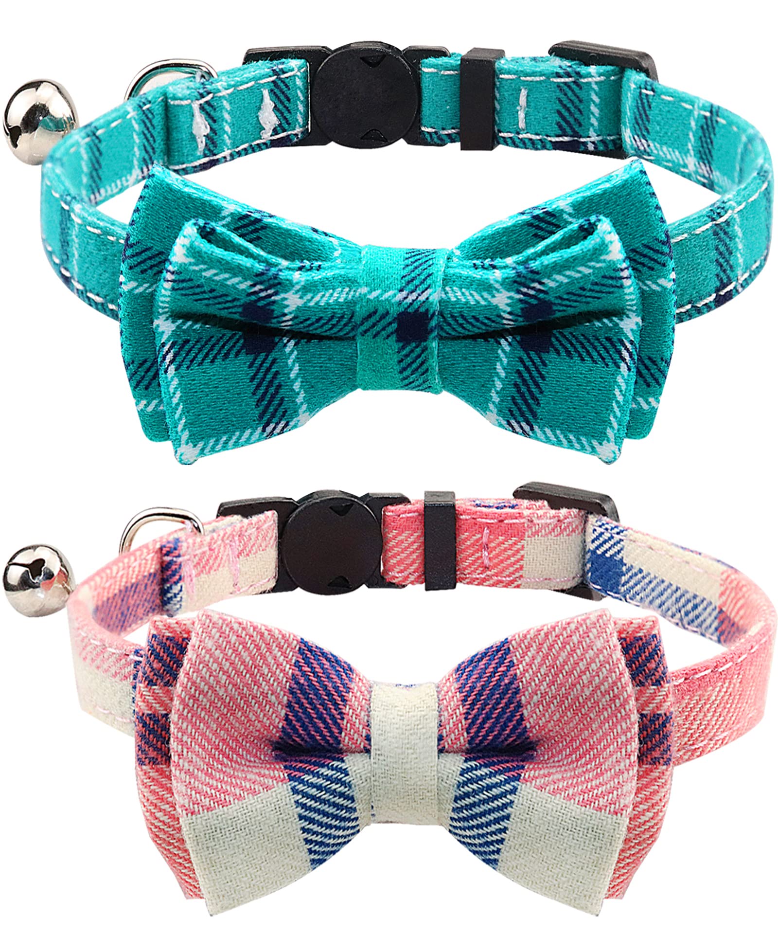 Joytale Cat Collar with Bell and Bow Tie, Soft Tartan, Quick Release Safety Collars for Kitten and Cats, 2 Pack, Pink+Teal