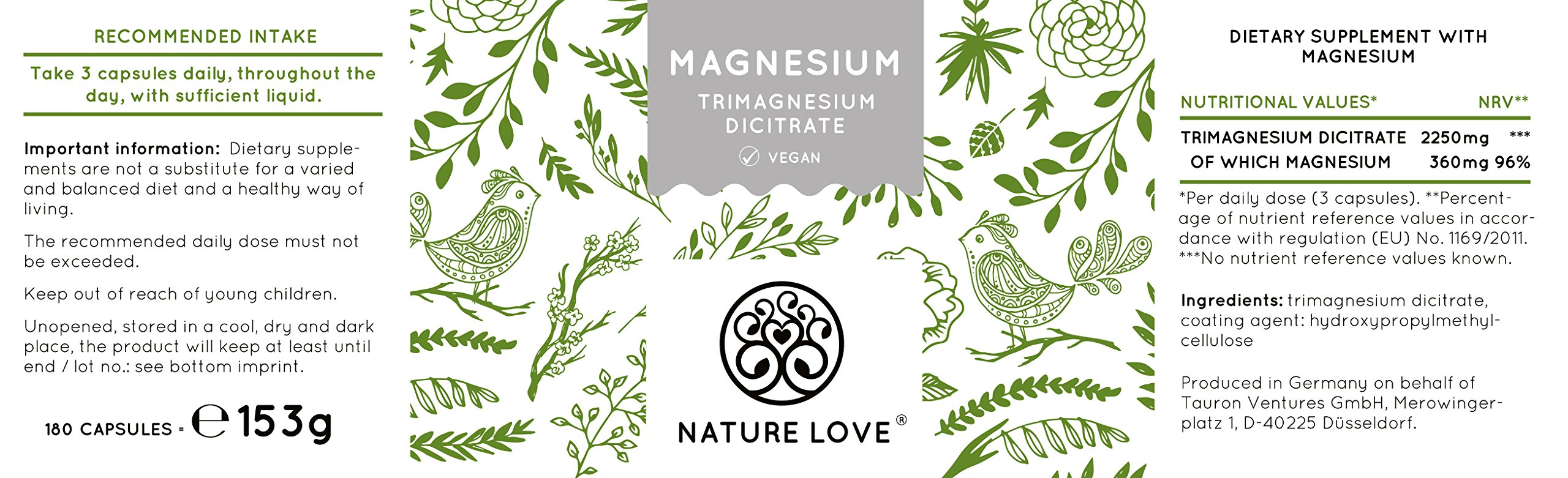 Magnesium – 2250 mg magnesium citrate per daily dose, of which 360 mg is elementary magnesium. 180 capsules. Laboratory tested and without added magnesium stearate. High dosage, vegan, and made in Germany